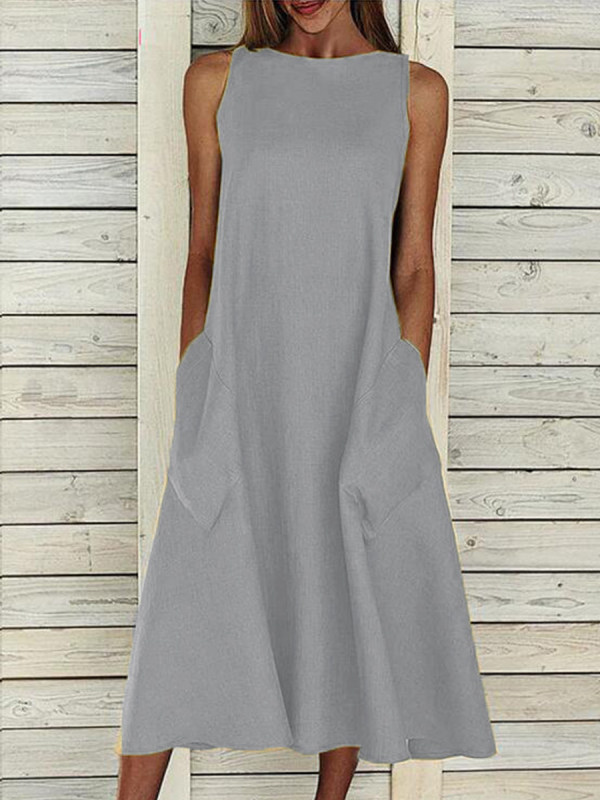 Casual Solid Tunic Round Neckline A-line Dress - Holapick.com