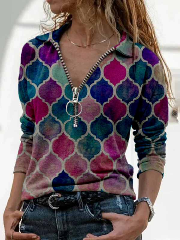 

Multi-color Print Long Sleeve Casual T-shirt For Women