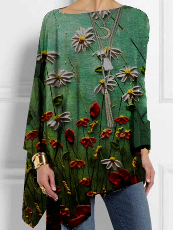 

Casual Floral Print Long Sleeve T-Shirt With Slit Hem