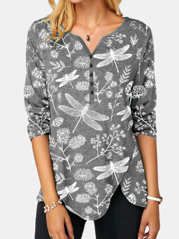 

Dragonfly Print V-neck Long SleeveT-shirt