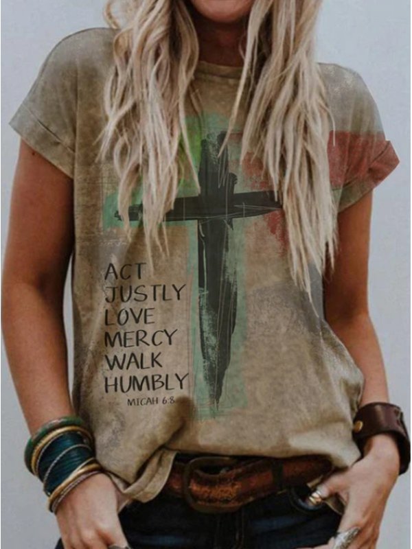 

Ladies Art Cross ACT JUSTLY LOVE MERRY WALK HUMBLY T-shirt