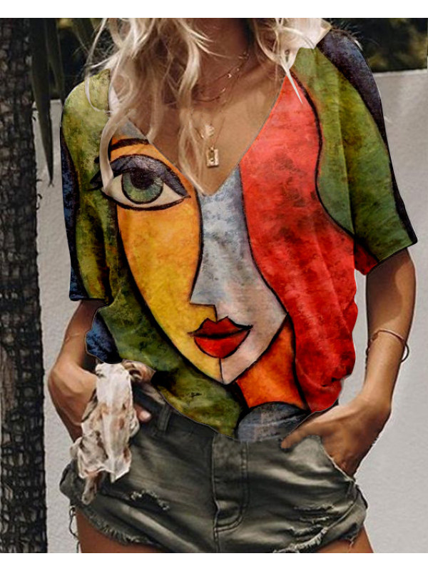 

Abstract painting v-neck short sleeve printed loose women's t-shirt