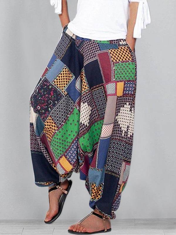 

Elastic Waist Drop-Crotch Pants With Pocket