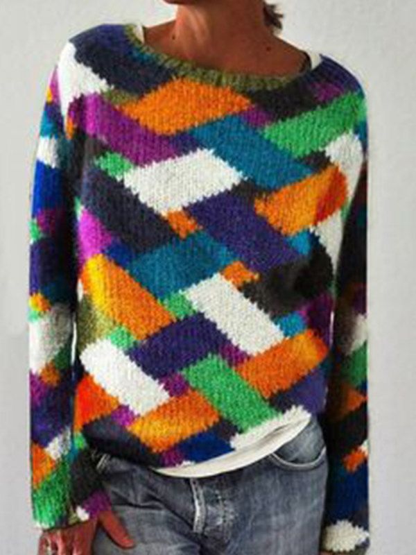 

Fashion Color Print Crew Neck Sweater