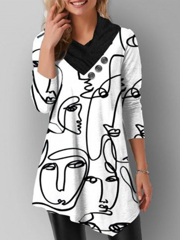 

Fashion Abstract Printed Button T-shirt