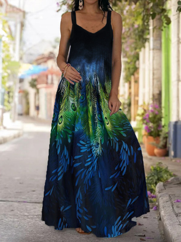 

Peacock print casual sling and floor dress