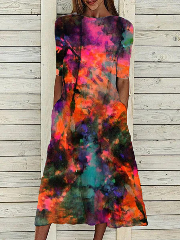 

Ladies tie-dye printed round neck dress