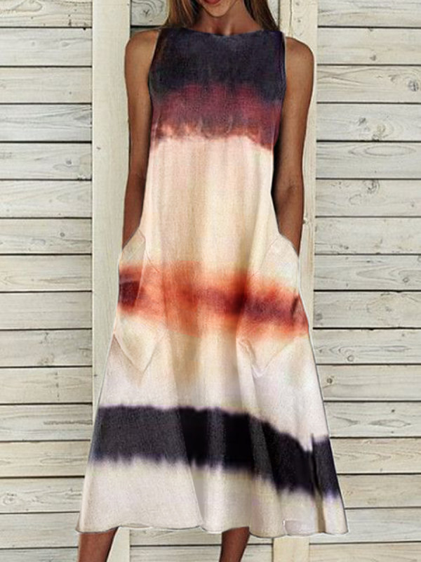 

Round neck sleeveless tie-dye printed loose dress