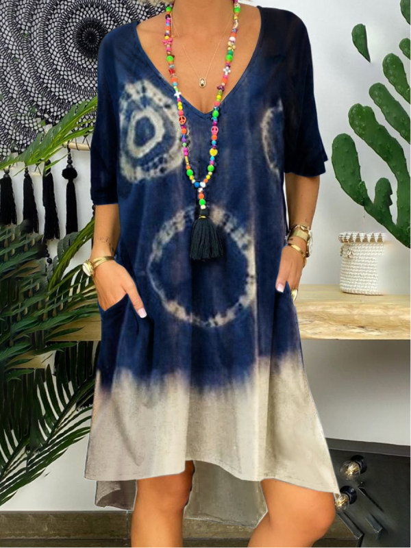 

V-neck tie-dye print loose short sleeve dress