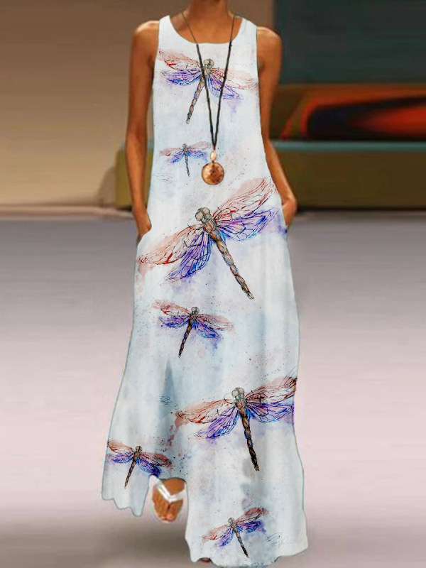 

Casual Dragonfly Print Sleeveless Maxi Dress