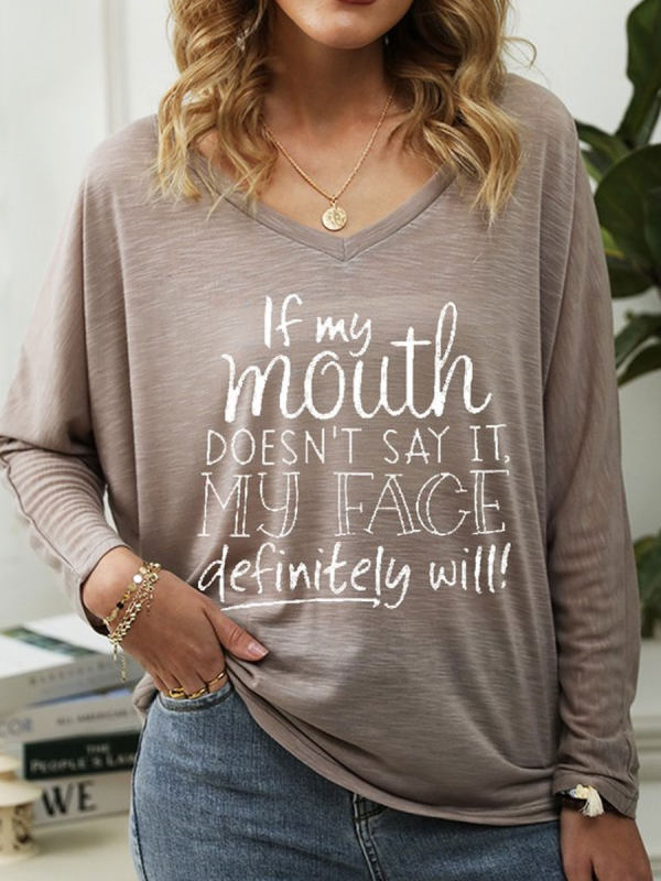

V-neck Letter Print Loose Long Sleeve T-shirt