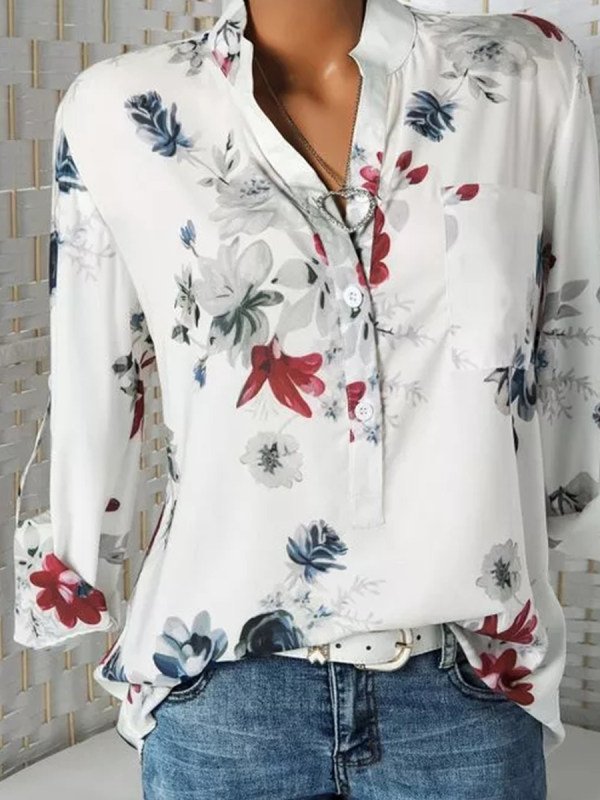 

V Neck Loose Fitting Floral Printed Long Sleeve Blouse