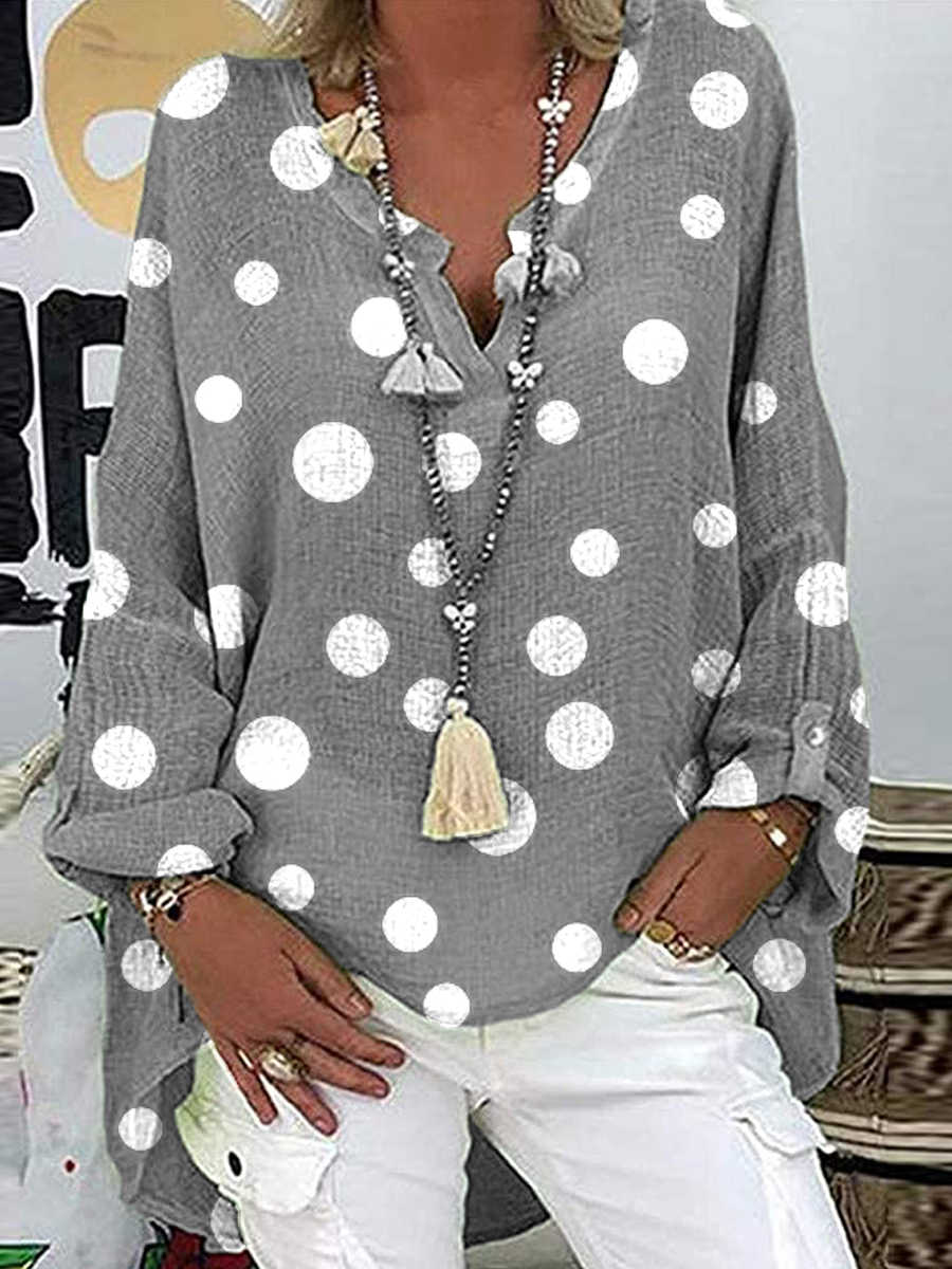 Notch Neck Polka Dot Long Sleeves Blouse