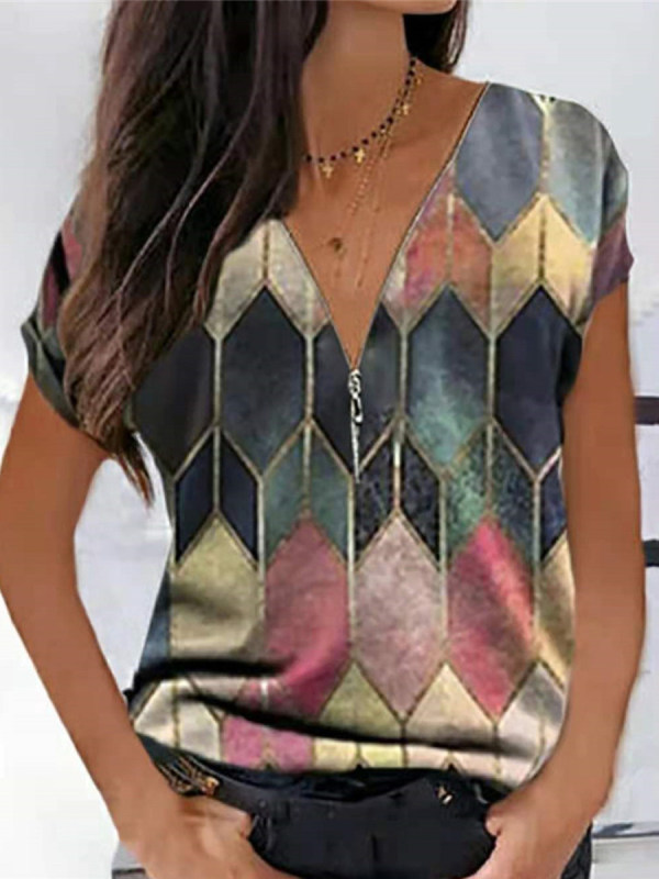 

Casual Geometric Print V-Neck Short-Sleeved T-Shirt