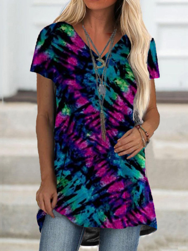 

Casual Tie-dyed Print V-neck T-shirt