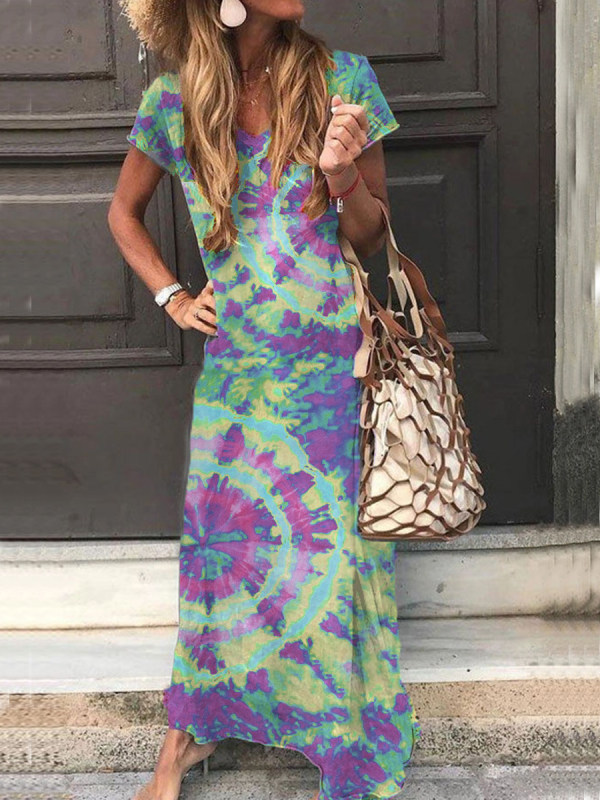 

Casual Tie-dyed Print V-neck Maxi Dress