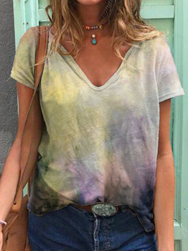 

Retro Tie Dyed casual V-neck short sleeve T-shirt