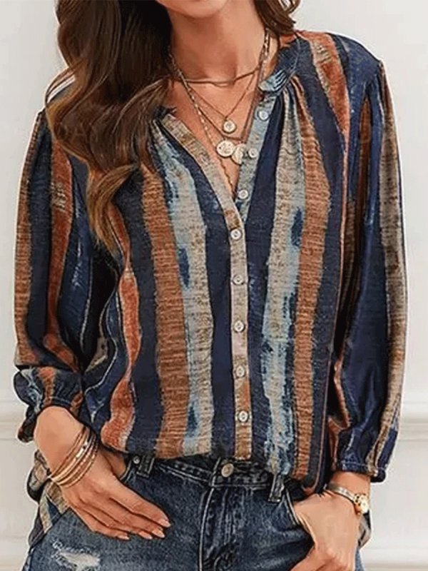 

Striped Printed V-neck Single-breasted Long-sleeved Blouse