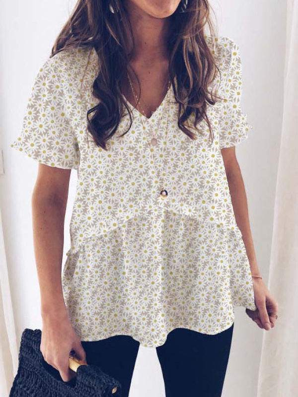 

Floral Print Lace V-Neck Half Sleeve Blouse