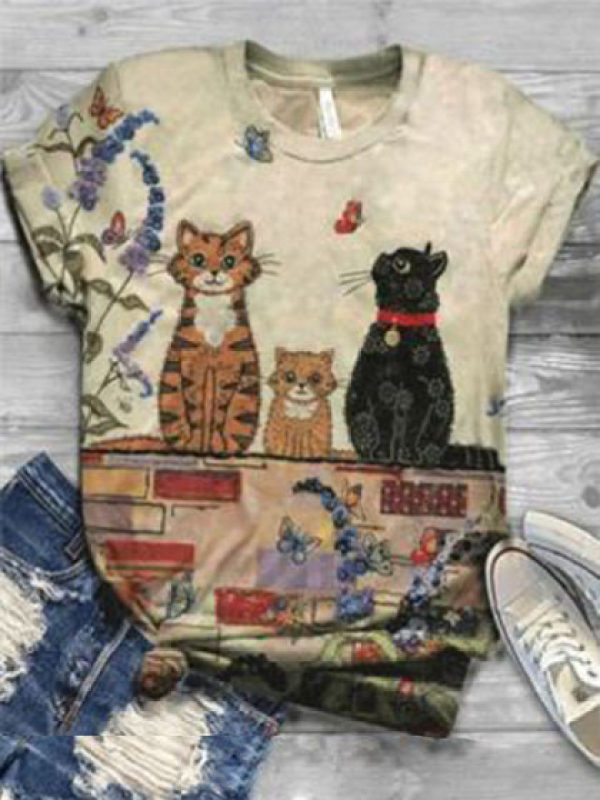 

Cat print round neck short sleeve T-shirt