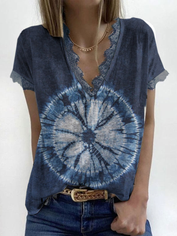 

V-neck tie-dye lace stitching short-sleeved T-shirt