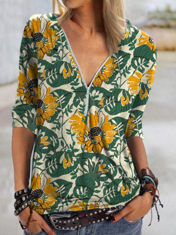 

Womens sunflower print V-neck sleeve T-shirt