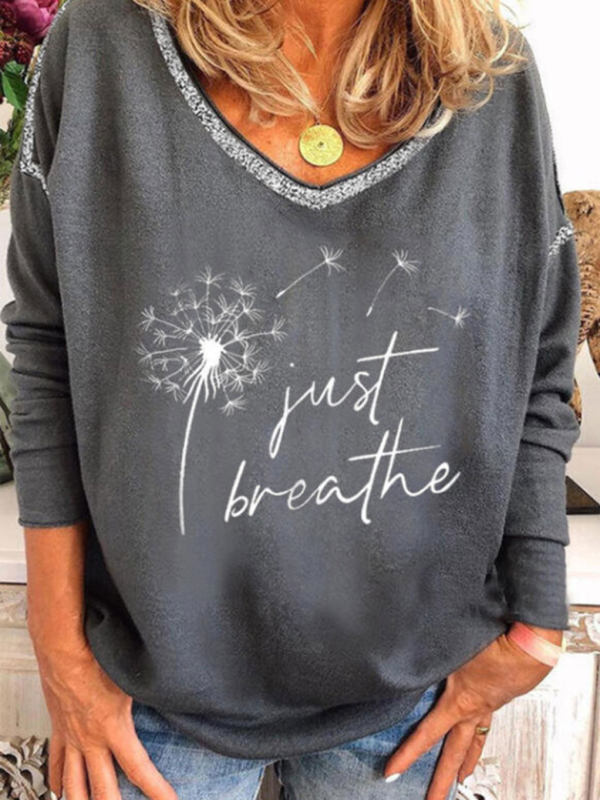 

V-neck Dandelion Print Loose Long Sleeve T-shirt