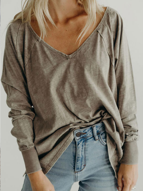 

V-neck Solid Color Loose Long Sleeve T-shirt