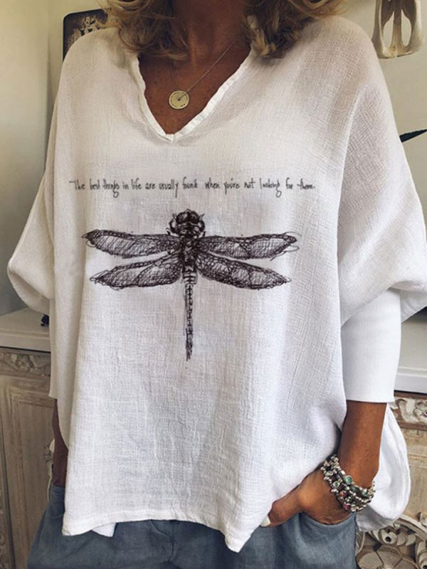 

V-neck Dragonfly Print Loose Long Sleeve Blouse