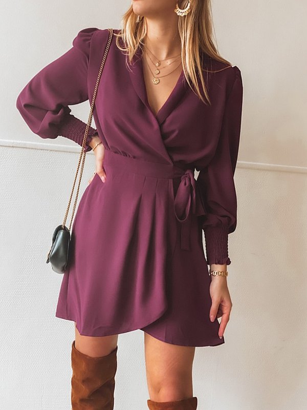 

Solid Color V Neck Long Sleeve Dress