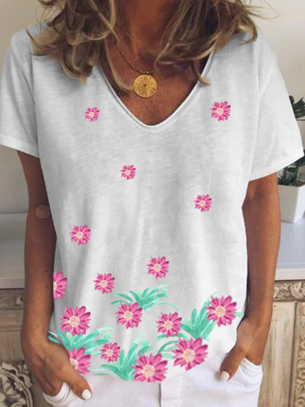 

Casual Printed Short-sleeved V-neck T-shirt