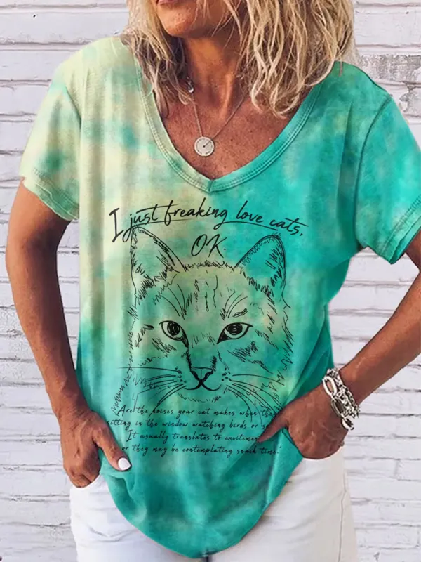 Casual Cat Print Short Sleeve T-Shirt - Charmwish.com 