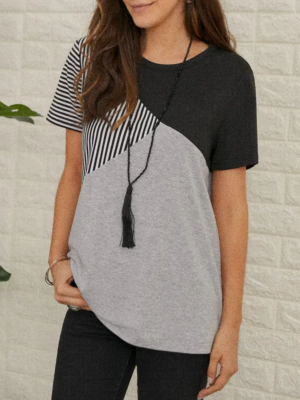 Women's casual striped print hit color short-sleeved T-shirt - Funluc.com 