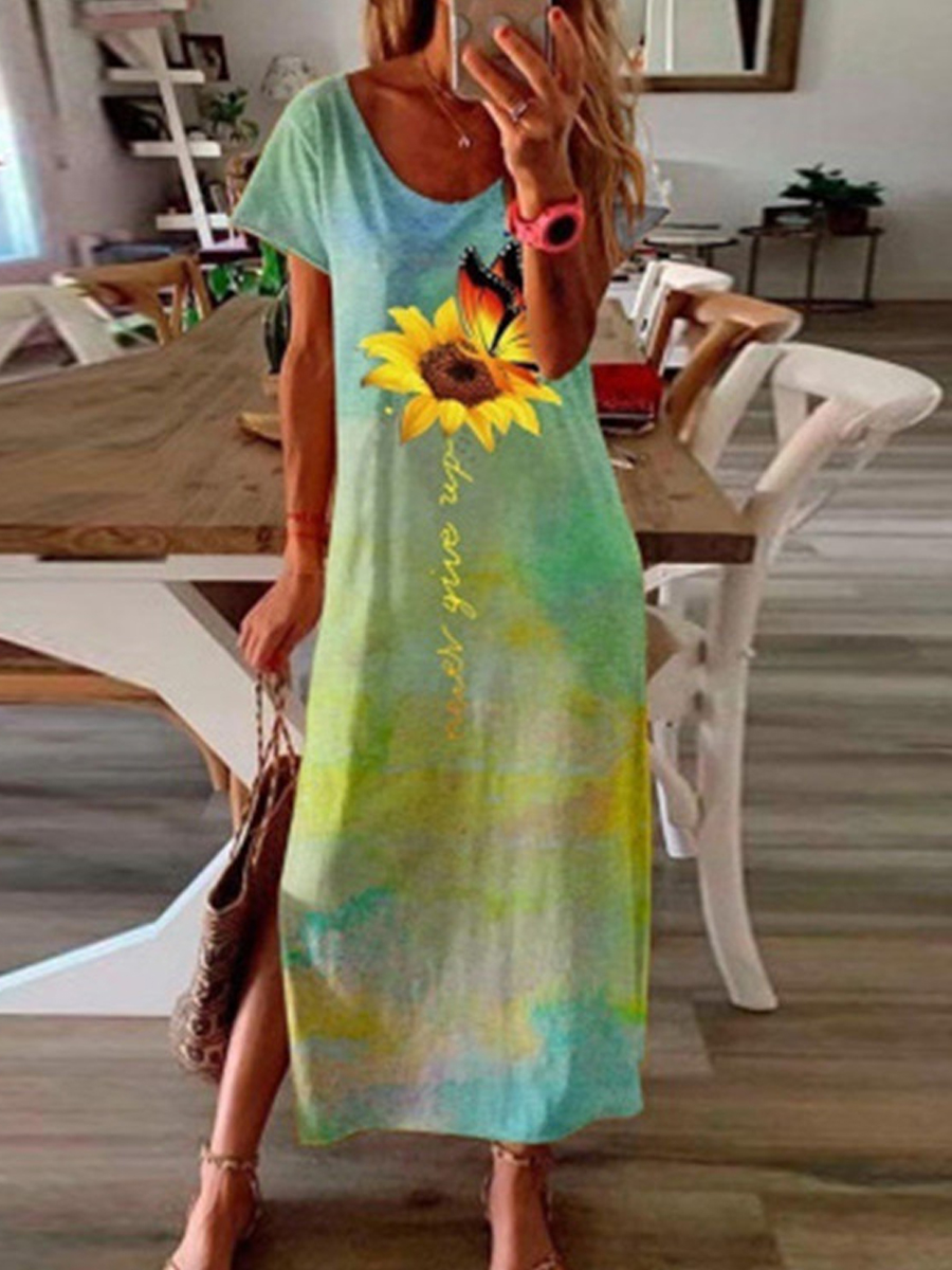Casual Round Neck Sunflower Print Chic Dress