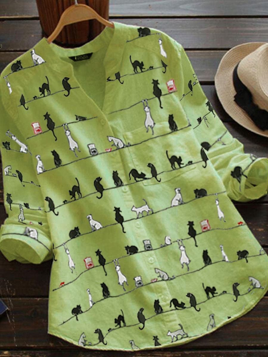 Cartoon Cat Print Casual Chic Cotton And Linen Long Blouse