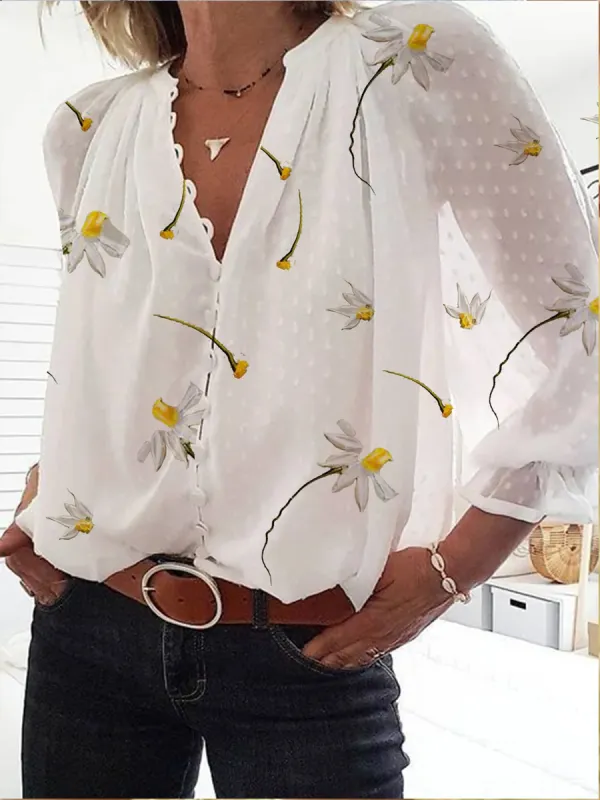 Casual Daisy Print Long Sleeve Shirt - Funluc.com 