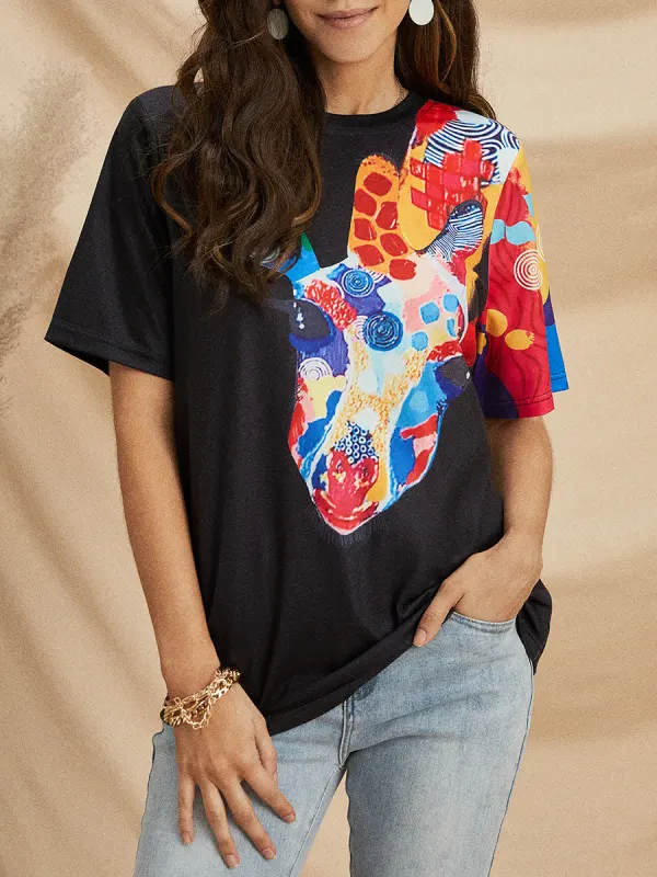Women's Digital Print Short Sleeve Round Neck T-Shirt - Machoup.com 