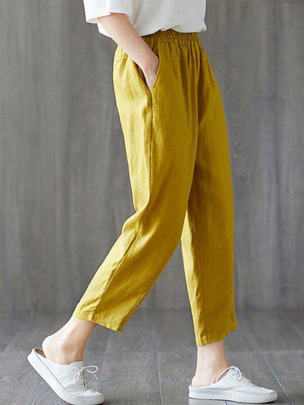 Womens plus size cotton linen elastic pants - Holapick.com
