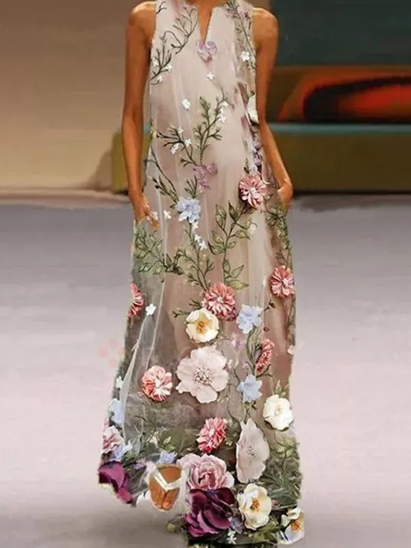 Vestido feminino casual com estampa floral com decote em V maxi - Funluc.com 