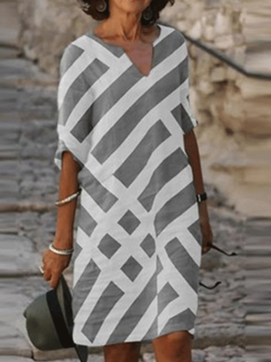 Fashion V-neck Striped Printed Sleeve Chic Linen Dress