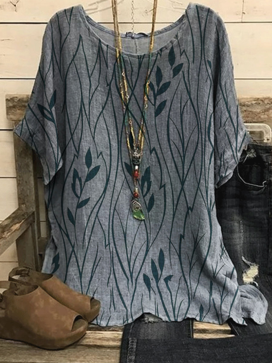Round Neck Leaf Print Loose Casual Short sleeved Blouse