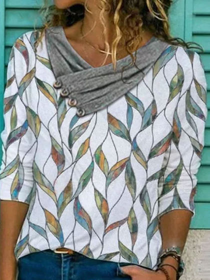 V-neck Stitching Leaf Print Loose Long-sleeved T-shirt