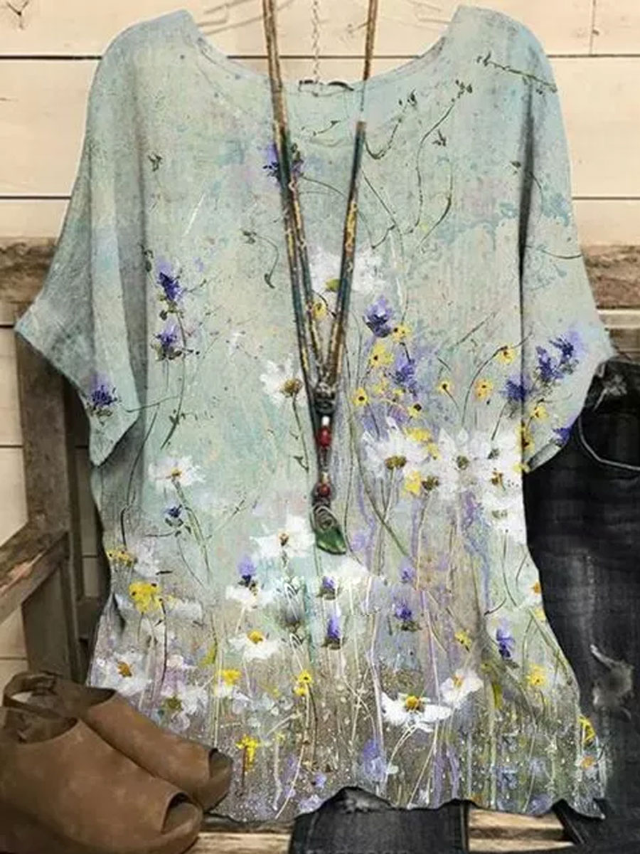 Round Neck Floral Print Casual Loose Short sleeved Blouse