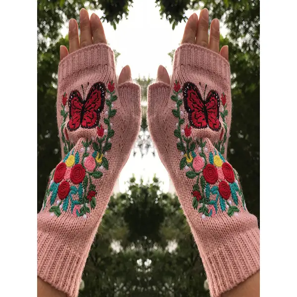 Warm Knitted Butterfly Flower Woolen Gloves - Xmally.com 