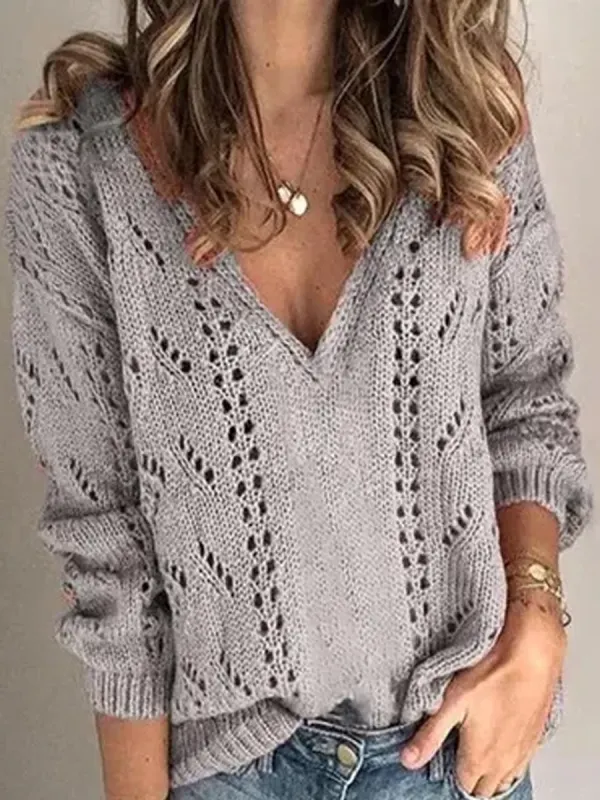 Casual Solid Color V Neck Long Sleeves Loose Sweater - Ininrubyclub.com 