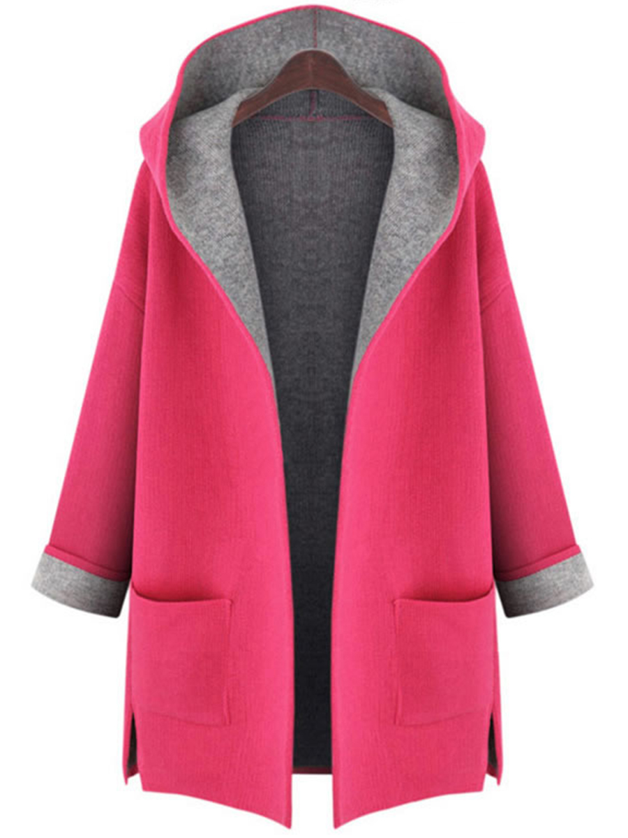 Hooded Patch Pocket Woolen Color Block Coat