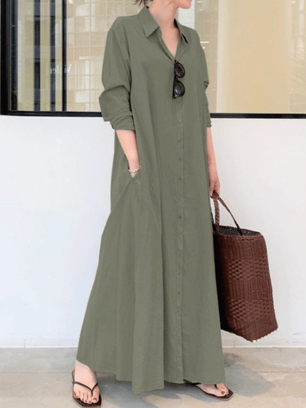 Cotton And Linen Solid Color Lapel Long-sleeved Pockets Simple Loose Casual Long Shirt Dress