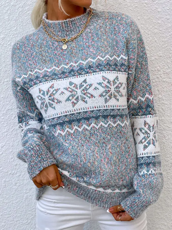 Fashion Half High Neck Snowflake Pattern Long Sleeve Casual Pullover - Oasisjoy.com 