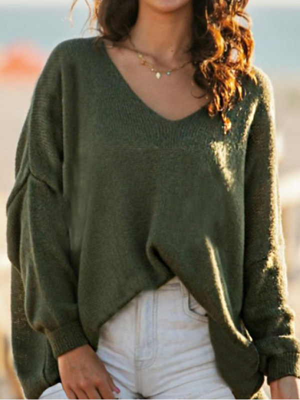 Casual Solid Color V Neck Long Sleeves LooseSweater