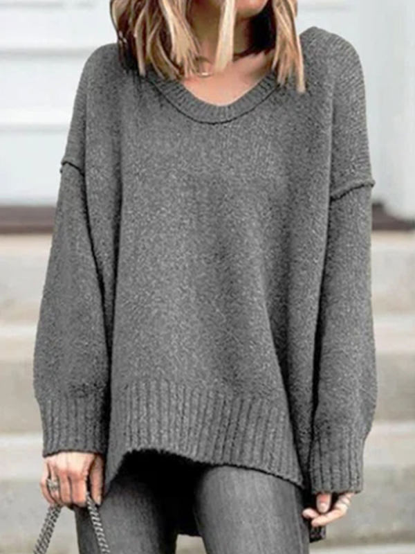 Fashion Solid Color V-neck Long-sleeved Casual Pullover